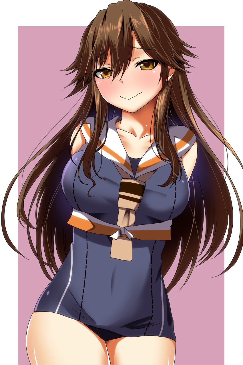 1girl absurdres alternate_costume ar_(lover_boy) arashio_(kantai_collection) blue_swimsuit breasts brown_hair cosplay crop_top framed_breasts highres i-13_(kantai_collection) i-13_(kantai_collection)_(cosplay) kantai_collection long_hair medium_breasts multicolored multicolored_background one-piece_swimsuit pink_background sailor_collar school_swimsuit swimsuit swimsuit_under_clothes wavy_mouth white_background yellow_eyes