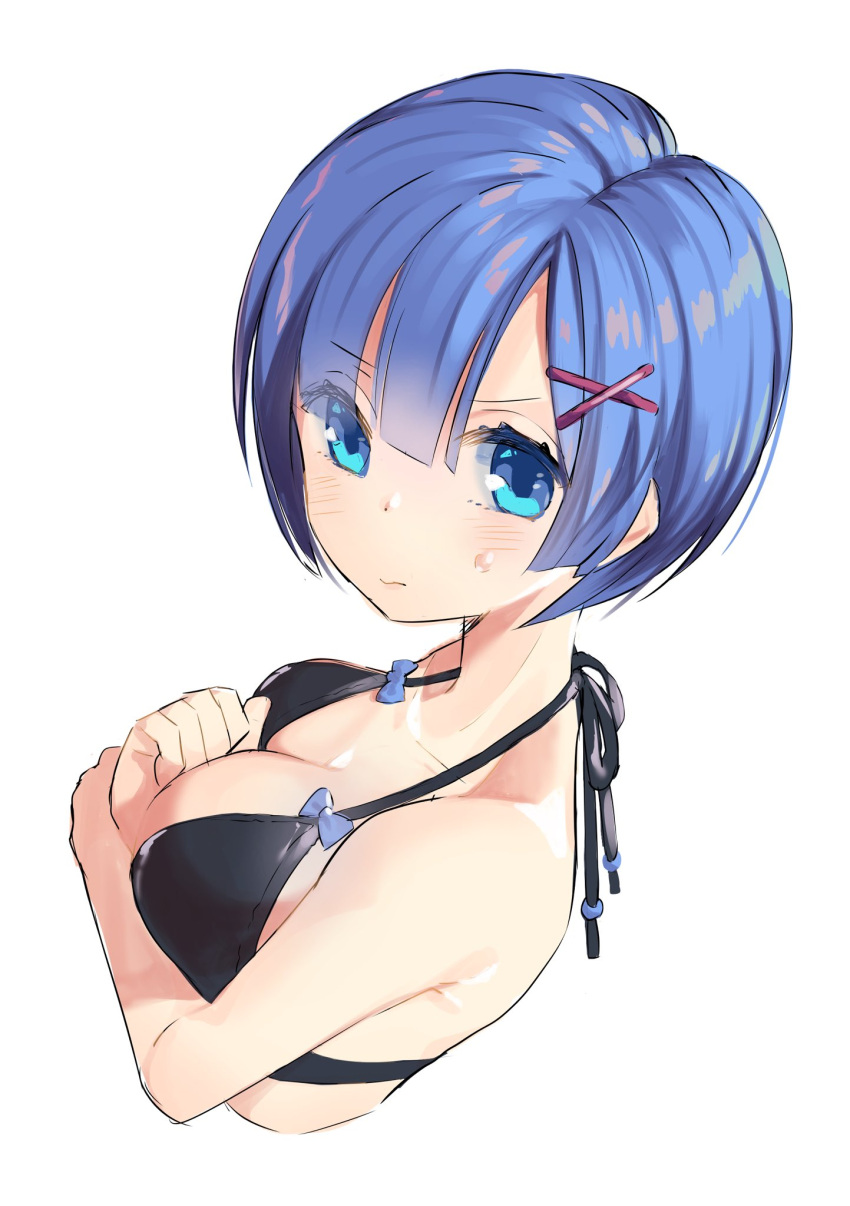 1girl 3: bikini black_bikini_top blue_eyes blue_hair blush breasts closed_mouth cropped_torso dutch_angle eyes_visible_through_hair from_above from_side hair_ornament hair_over_one_eye halterneck hand_on_own_chest highres large_breasts looking_at_viewer omucchan_(omutyuan) re:zero_kara_hajimeru_isekai_seikatsu rem_(re:zero) short_hair simple_background solo sweatdrop swimsuit upper_body white_background x_hair_ornament
