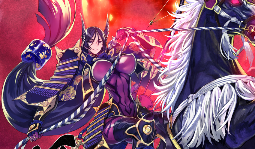 1girl armor bangs black_fur black_gloves bodysuit breasts covered_navel elbow_gloves erect_nipples fate/grand_order fate_(series) fingerless_gloves floral_print gloves hair_between_eyes hair_ornament highres horse horseback_riding japanese_armor kote kusazuri large_breasts llamrei_(fate) long_hair looking_at_viewer low-tied_long_hair matsuryuu minamoto_no_raikou_(fate/grand_order) narrow_waist parted_bangs purple_bodysuit purple_hair red_background reins riding smile sode solo suneate very_long_hair violet_eyes winged_hair_ornament