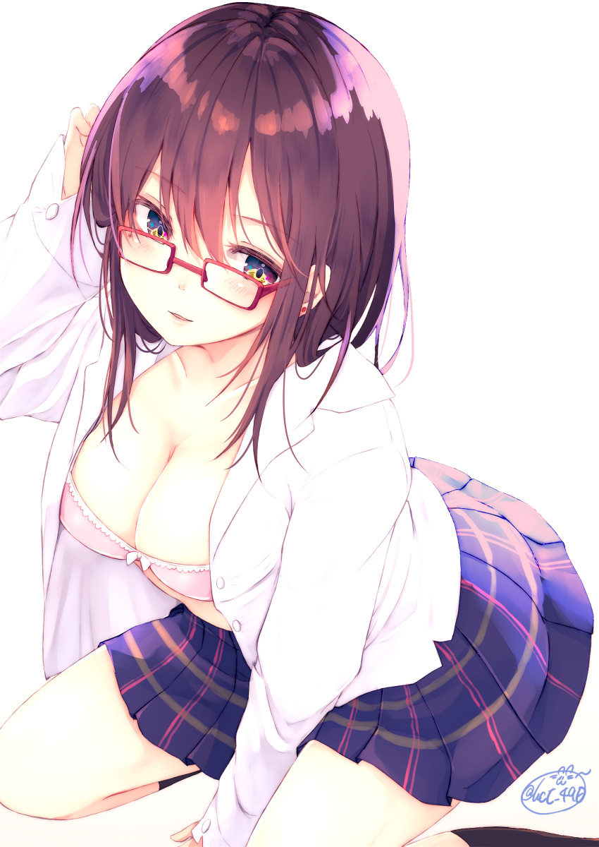 1girl blush bra breasts brown_eyes brown_hair chita_(ketchup) cleavage earrings glasses highres jewelry kneeling looking_at_viewer medium_breasts open_clothes open_shirt original parted_lips pleated_skirt red-framed_eyewear school_uniform shirt short_hair simple_background skirt smile solo underwear white_background