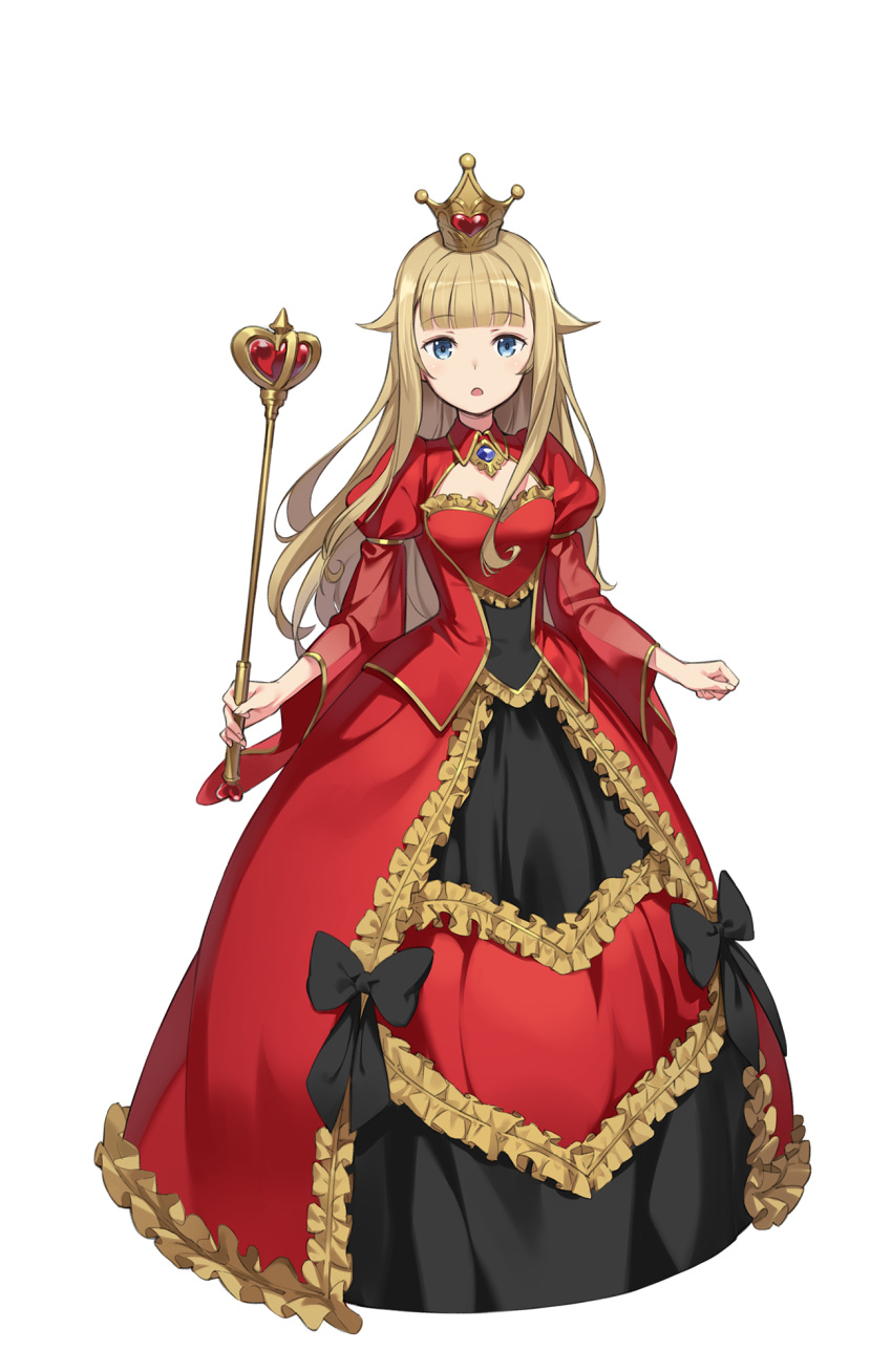 1girl :o alice_in_wonderland black_bow blonde_hair blue_eyes bow cosplay crown dress frilled_dress frills full_body hair_flaps highres holding long_hair long_sleeves looking_at_viewer official_art princess_(princess_principal) princess_principal princess_principal_game_of_mission queen_of_hearts queen_of_hearts_(cosplay) red_dress scepter solo standing transparent_background wide_sleeves