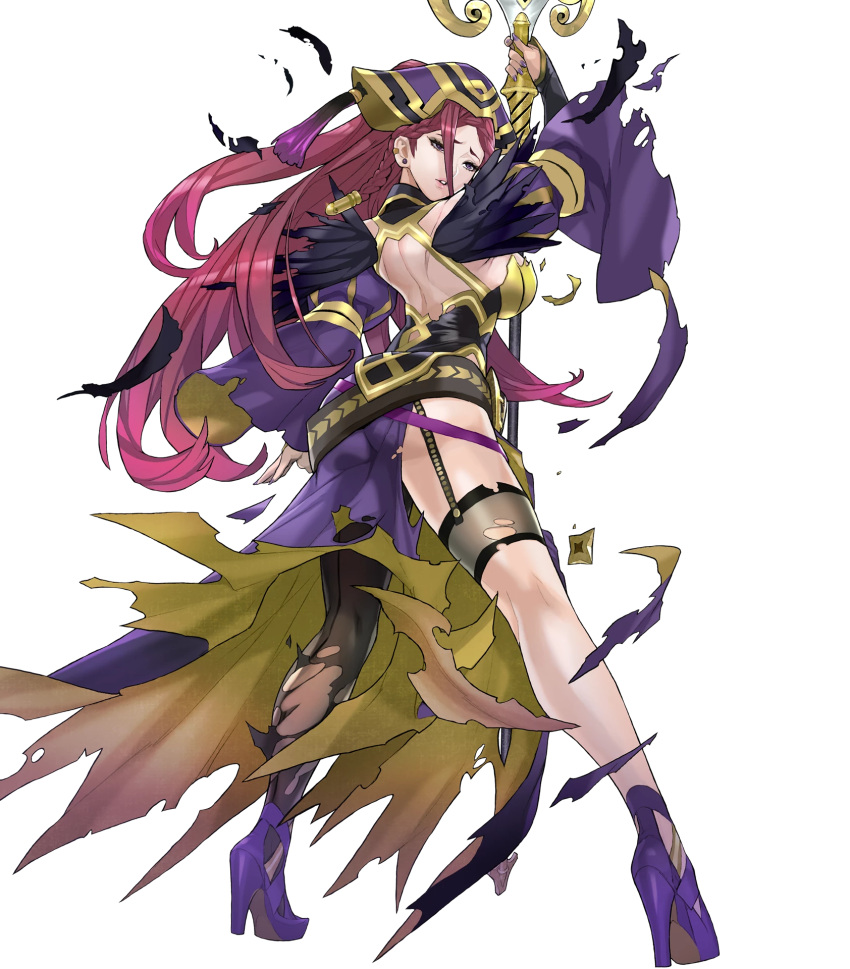 1girl ass back breasts dress fire_emblem fire_emblem_heroes from_behind high_heels highres large_breasts loki_(fire_emblem_heroes) long_hair official_art solo staff thighs torn_clothes transparent_background