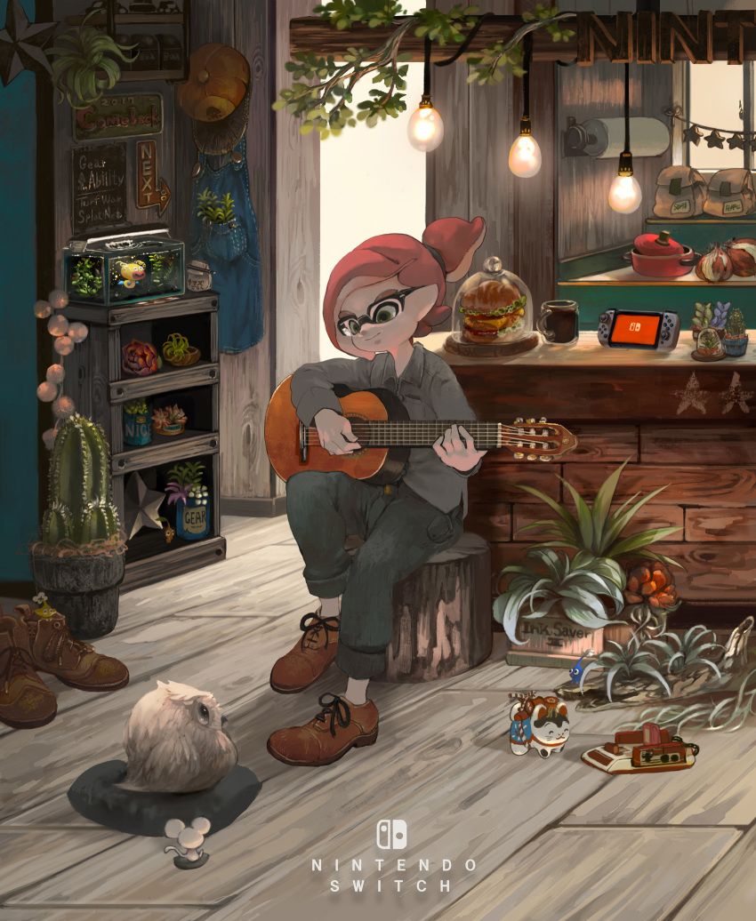 1boy bag bird boots cabinet cactus cup domino_mask famicom famicom_gamepad flower food game_console glasses guitar hamburger hat highres inkling instrument kitchen lamp mask minato_(minat0) mouse music nintendo_switch onion owl pikmin_(creature) pikmin_(series) pillow plant playing_instrument pot sign splatoon tentacle_hair towel