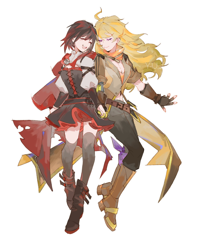 2girls artist_name blonde_hair breasts cleavage cloak closed_eyes hand_holding highres multiple_girls prosthesis prosthetic_arm redhead ruby_rose rwby siblings sisters yang_xiao_long