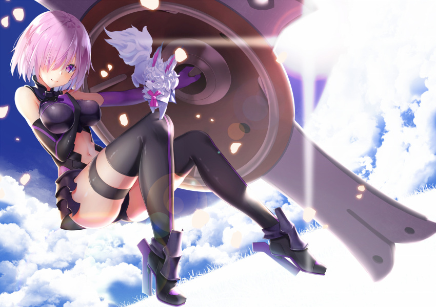 1girl bangs between_breasts black_footwear black_gloves black_legwear black_leotard blue_sky blush boots breasts closed_mouth clouds cloudy_sky day elbow_gloves fate/grand_order fate_(series) faulds fou_(fate/grand_order) gloves hair_over_one_eye hand_between_breasts hand_on_own_chest high_heel_boots high_heels highres large_breasts lens_flare leotard looking_at_viewer mash_kyrielight mirea navel navel_cutout outdoors purple_gloves purple_hair shield short_hair sky smile solo thigh-highs thigh_strap thighs violet_eyes