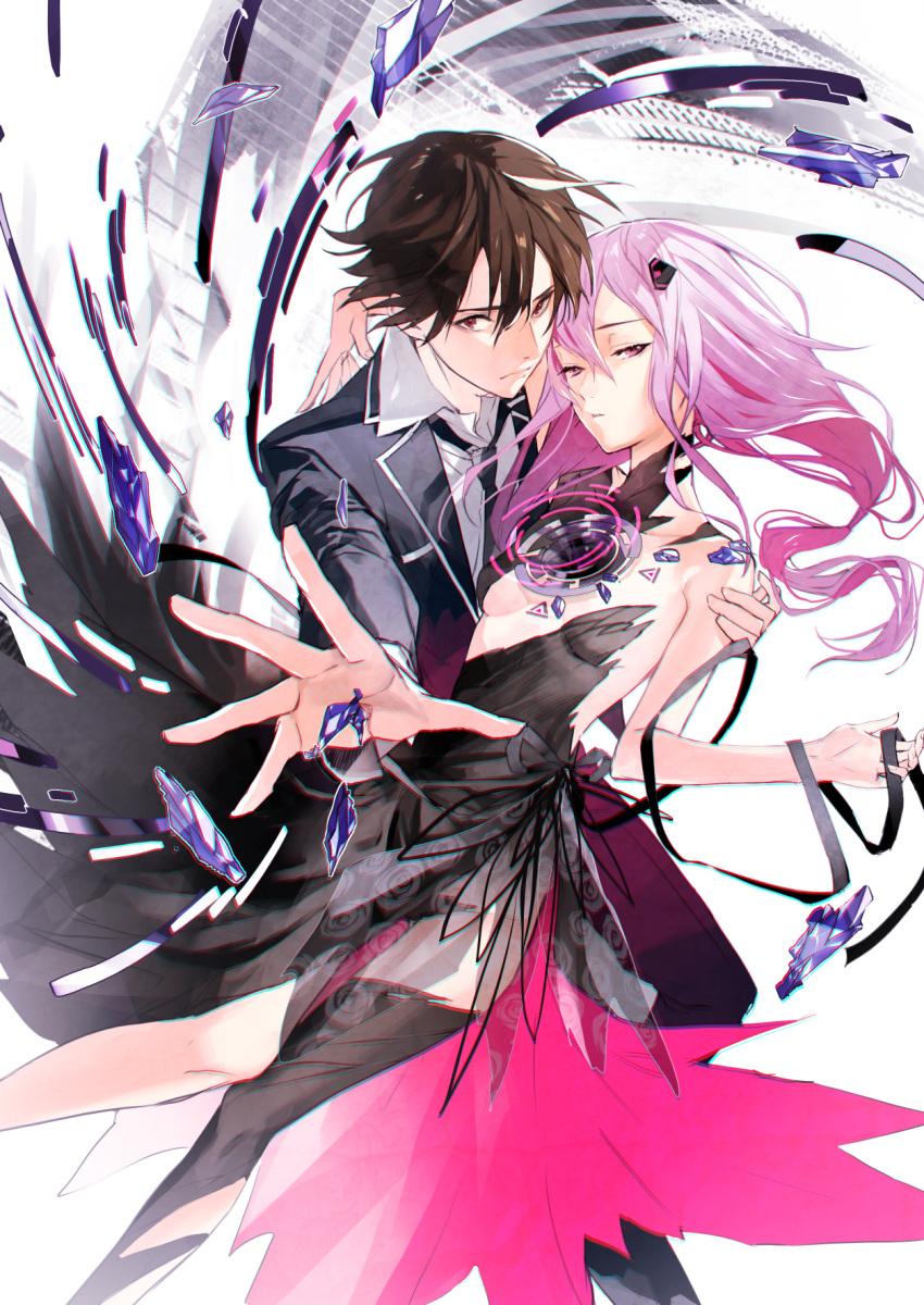 1boy 1girl black_dress black_jacket black_legwear black_neckwear black_ribbon breasts brown_hair collarbone dress floating_hair g.g.lemon guilty_crown hair_between_eyes hair_ornament highres jacket long_hair looking_at_viewer necktie ouma_shuu outstretched_arm parted_lips pink_hair red_eyes ribbon shirt sideboob simple_background sleeveless sleeveless_dress small_breasts spiky_hair thigh-highs white_background white_shirt yuzuriha_inori