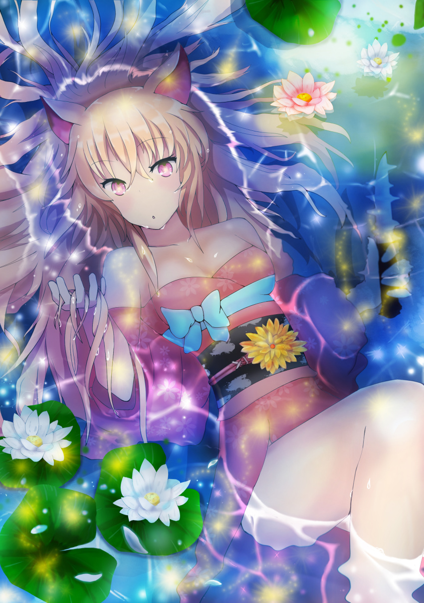 1girl :o absurdres afloat animal_ears bare_shoulders blonde_hair breasts breasts_apart cleavage collarbone droplet eyebrows_visible_through_hair fireflies firefly floating_hair floral_print flower from_above hair_between_eyes highres holding holding_hair holding_knife interested japanese_clothes kimono knee_up knife lily_pad long_hair looking_at_viewer looking_away lotus lying medium_breasts nyaha obi off_shoulder on_back original pink_eyes print_legwear raised_eyebrows reflective_eyes refraction sash shadow short_kimono solo