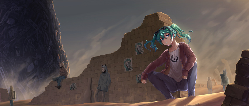 1girl ambiguous_gender animal_hood aqua_eyes aqua_hair bangs black_footwear black_jacket blue_pants brick_wall broken_wall brown_jacket brown_pants collarbone day dust earrings eyewear_on_head facing_away grey_sky hair_between_eyes hands_in_pockets hatsune_miku highres hood hood_up hooded_jacket hoop_earrings instrument_case jacket jewelry jirofly junk ladder long_sleeves looking_at_viewer mask medium_hair open_clothes open_jacket pants parted_lips pile poster red_jacket sand shiny shiny_hair shirt shoes sitting skull_mask squatting standing suna_no_wakusei_(vocaloid) sunglasses twintails vocaloid white_shirt yellow_jacket