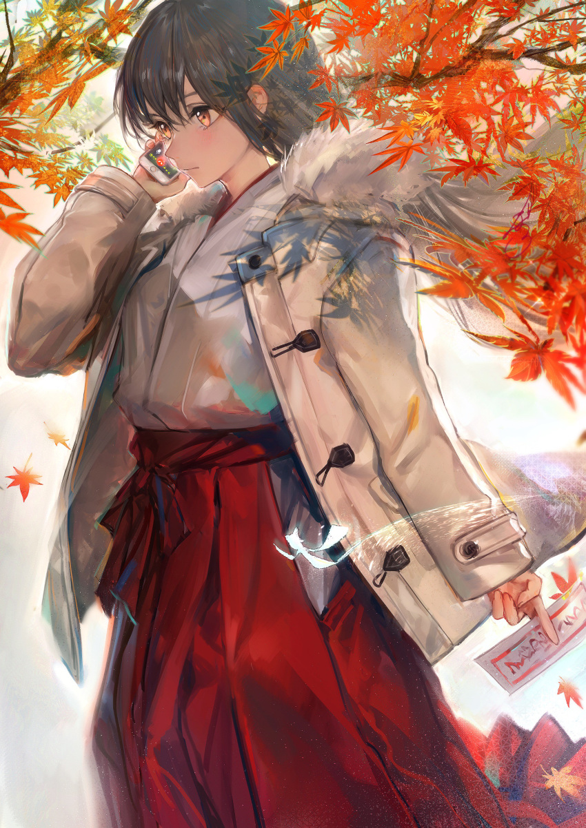 1girl absurdres autumn_leaves black_hair brown_eyes cellphone character_request coat fur_trim hakama highres hoojiro japanese_clothes leaf long_hair maple_leaf miko phone smartphone solo talisman white_background