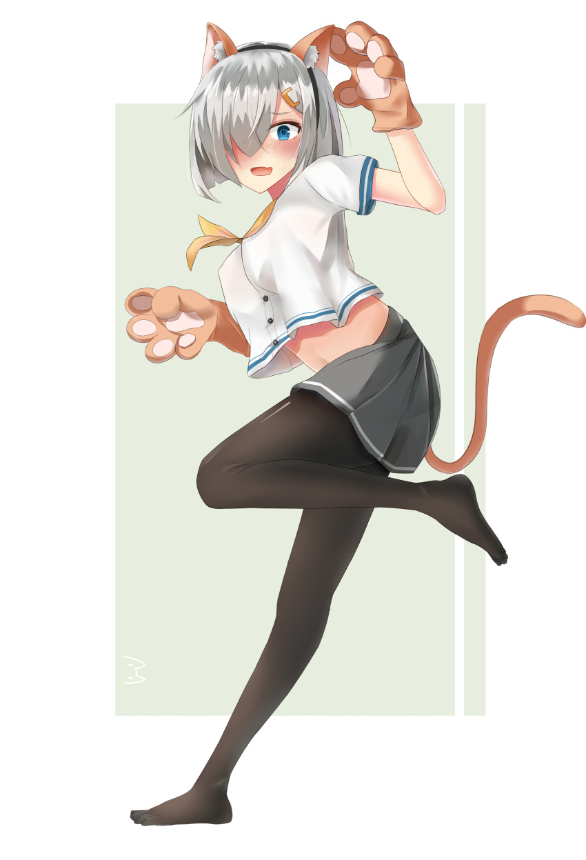 1girl absurdres animal_ears black_legwear blue_eyes blush breasts cat_ears commentary dymao fake_animal_ears fang full_body gloves hair_ornament hair_over_one_eye hairclip hamakaze_(kantai_collection) highres kantai_collection large_breasts looking_at_viewer open_mouth pantyhose paw_gloves paws pleated_skirt school_uniform serafuku short_hair silver_hair skirt standing standing_on_one_leg yellow_neckwear