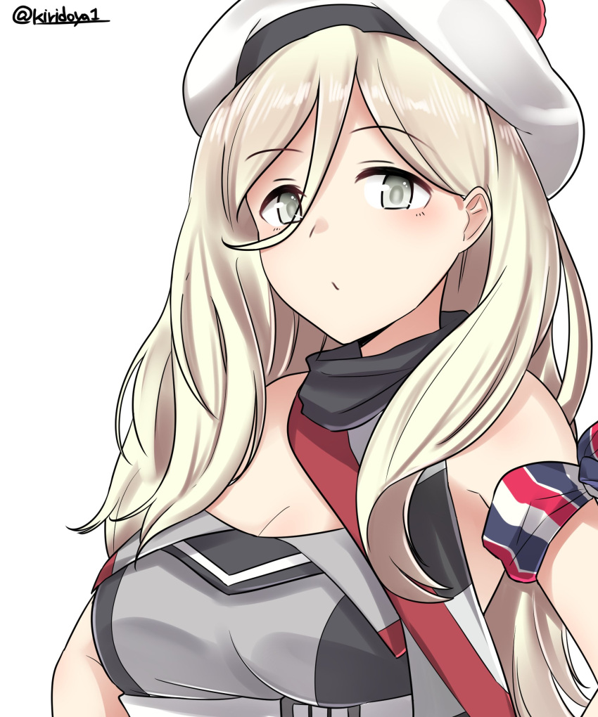 1girl absurdres armband bare_shoulders blonde_hair blush breasts character_request cleavage closed_mouth eyebrows_visible_through_hair grey_eyes hair_between_eyes hat highres kantai_collection kiritto large_breasts long_hair looking_at_viewer richelieu_(kantai_collection) simple_background solo twitter_username upper_body white_background