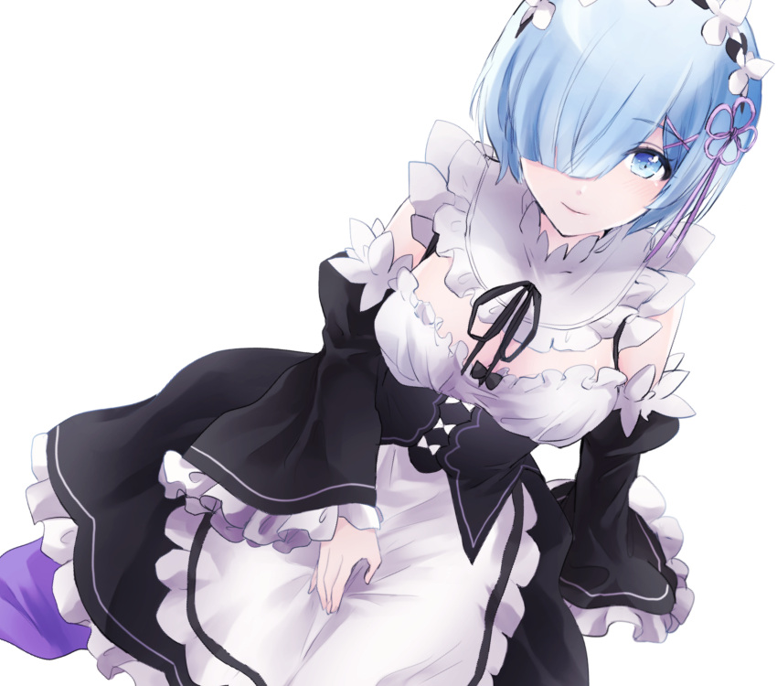 1girl apron arm_support blue_eyes blue_hair bow breasts cleavage detached_sleeves dress dutch_angle eyebrows_visible_through_hair flower frilled_dress frilled_sleeves frills hair_flower hair_ornament hair_over_one_eye hair_ribbon hand_in_lap highres large_breasts light_blush light_smile long_sleeves looking_at_viewer maid maid_apron maid_headdress pralire re:zero_kara_hajimeru_isekai_seikatsu rem_(re:zero) ribbon seiza short_hair simple_background sitting solo white_background wide_sleeves x_hair_ornament