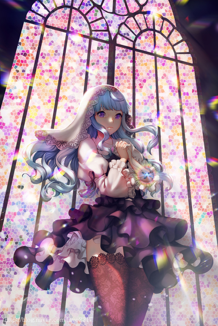 1girl black_legwear black_skirt blue_hair church floating_hair from_below hands_clasped highres indoors layered_skirt long_hair original own_hands_together shirt skirt solo stained_glass thigh-highs violet_eyes watermark web_address white_shirt y.i._(lave2217)