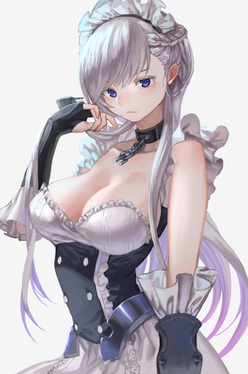 1girl absurdres apron arm_at_side azur_lane bangs belfast_(azur_lane) black_gloves breasts chains cleavage closed_mouth collar colored_eyelashes commentary_request fingerless_gloves frill_trim gloves grey_background hand_to_own_mouth highres hinako_(anzu15) large_breasts long_hair looking_at_viewer maid_headdress silver_hair simple_background solo swept_bangs underbust vambraces violet_eyes waist_apron