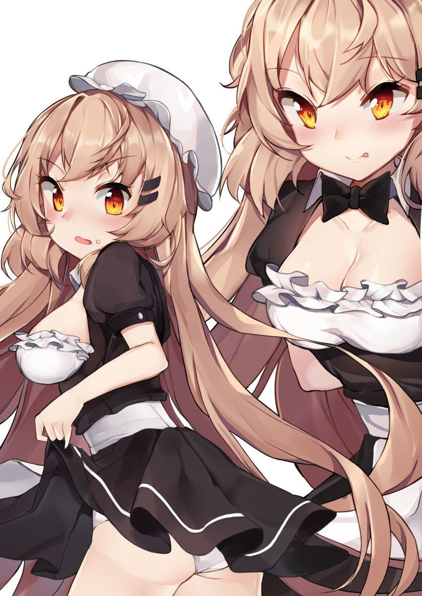 1girl :q absurdres alternate_costume apron ass bada_(jksh5056) black_bow black_dress black_neckwear blush bow bowtie breast_hold breasts brown_hair cleavage closed_mouth collarbone dress dress_lift enmaided food food_on_face frills girls_frontline hair_ornament hairclip hat highres ithaca_m37_(girls_frontline) lifted_by_self long_hair looking_at_viewer maid medium_breasts mob_cap multiple_views open_mouth orange_eyes panties pantyshot pantyshot_(standing) puffy_short_sleeves puffy_sleeves short_sleeves simple_background smile standing tareme tongue tongue_out underwear very_long_hair waist_apron wavy_mouth white_apron white_background white_hat white_panties