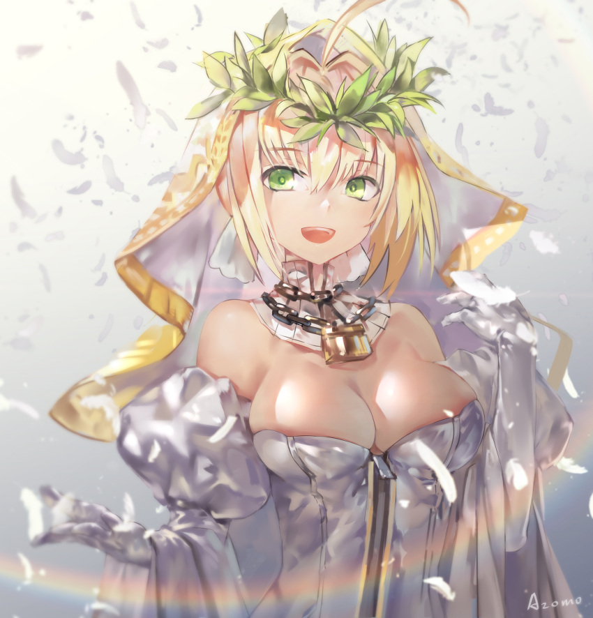 1girl :d ahoge artist_name avamone bare_shoulders blonde_hair breasts bright_pupils chains cleavage detached_collar detached_sleeves elbow_gloves eyebrows_visible_through_hair fate/extra fate/extra_ccc fate/grand_order fate_(series) feathers gloves gradient gradient_background green_eyes highres large_breasts lock looking_at_viewer nero_claudius_(bride)_(fate) nero_claudius_(fate)_(all) open_mouth padlock short_hair simple_background smile solo upper_body veil white_gloves wreath