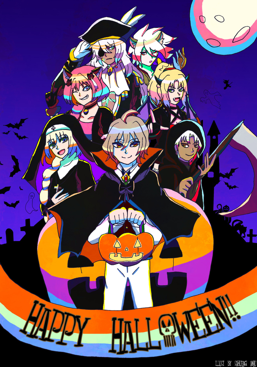 2girls 5boys absurdres astolfo_(fate) bat black_cape blonde_hair brown_hair cape commentary fate/apocrypha fate/grand_order fate_(series) graveyard green_eyes halloween halloween_costume hand_on_headwear hat highres holding holding_scythe jack-o'-lantern jeanne_d'arc_(fate) jeanne_d'arc_(fate)_(all) karna_(fate) kotomine_shirou moon mordred_(fate)_(all) multiple_boys multiple_girls night night_sky nun open_clothes pants pink_hair red_eyes rider_of_black saber_of_black saber_of_red sakuragi_anju scythe sieg_(fate/apocrypha) silver_hair sky toothbrush violet_eyes white_pants