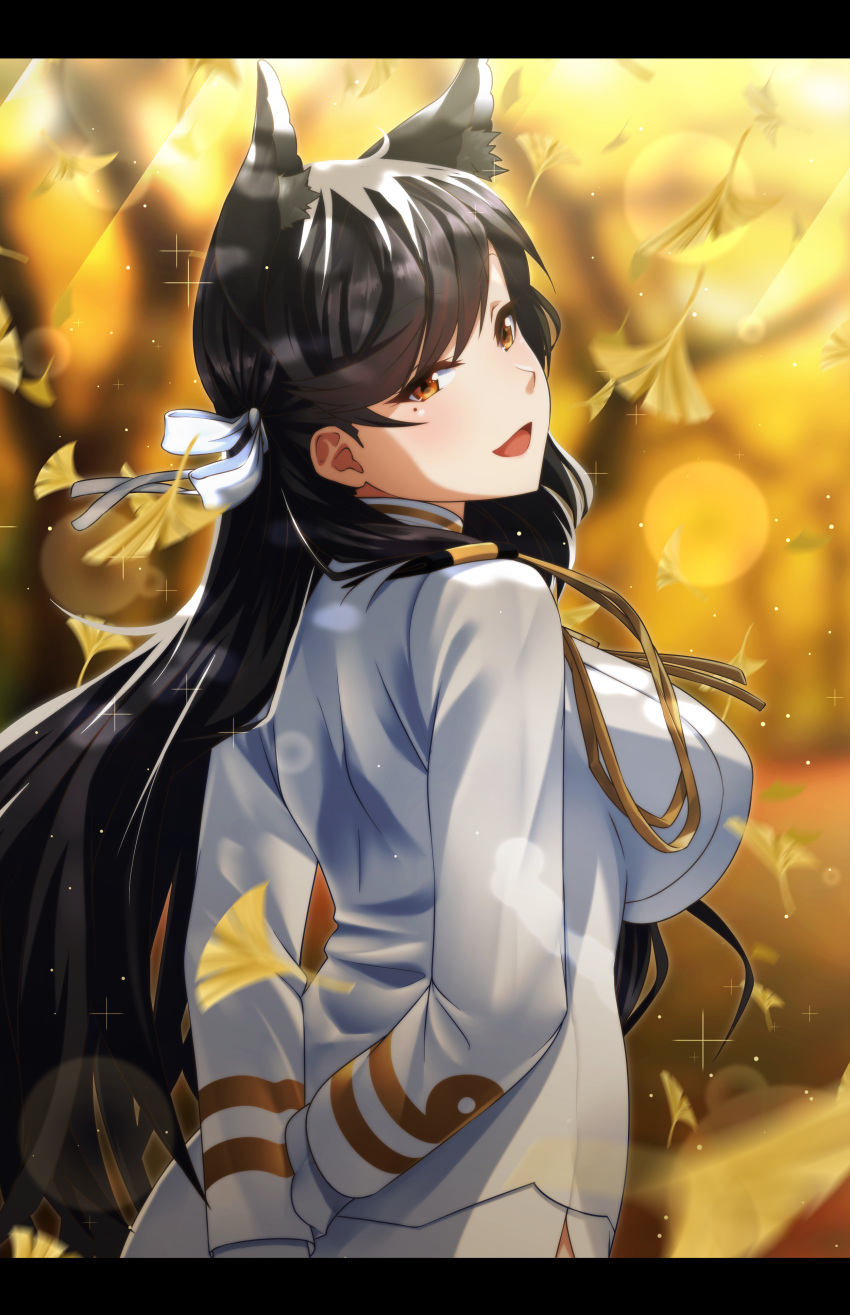 1girl :d absurdres animal_ears arms_behind_back atago_(azur_lane) azur_lane black_hair breast_squeeze breasts brown_eyes commentary_request from_behind hair_ribbon highres kagiyama_(gen'ei_no_hasha) leaf letterboxed long_hair looking_at_viewer military military_uniform open_mouth ribbon smile solo uniform white_ribbon