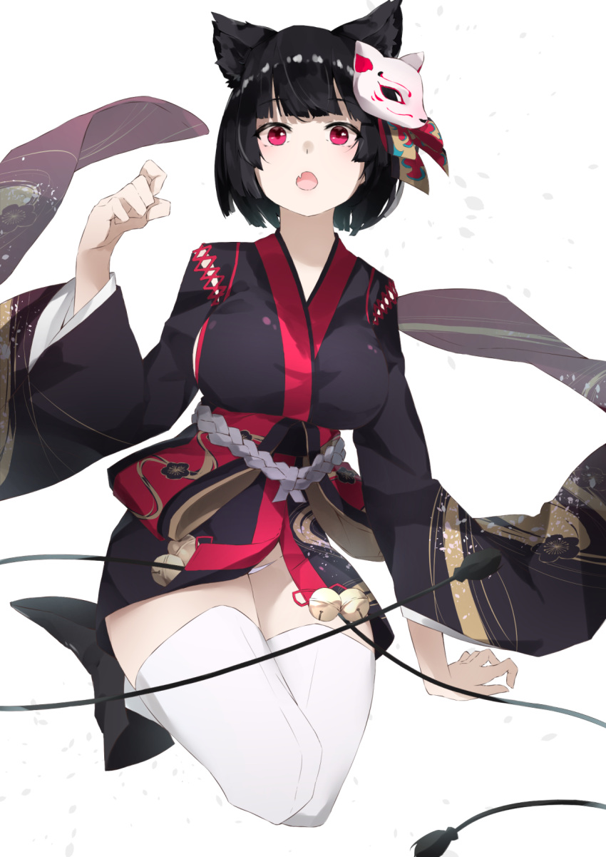 1girl :o animal_ears azur_lane bangs bell black_hair blunt_bangs breasts cat_ears cotton_kanzaki eyebrows_visible_through_hair fang full_body highres japanese_clothes jingle_bell kimono kneeling large_breasts long_sleeves looking_at_viewer mask mask_on_head open_mouth panties red_eyes rope sash shimenawa short_hair short_kimono solo thigh-highs underwear white_legwear white_panties wide_sleeves yamashiro_(azur_lane)