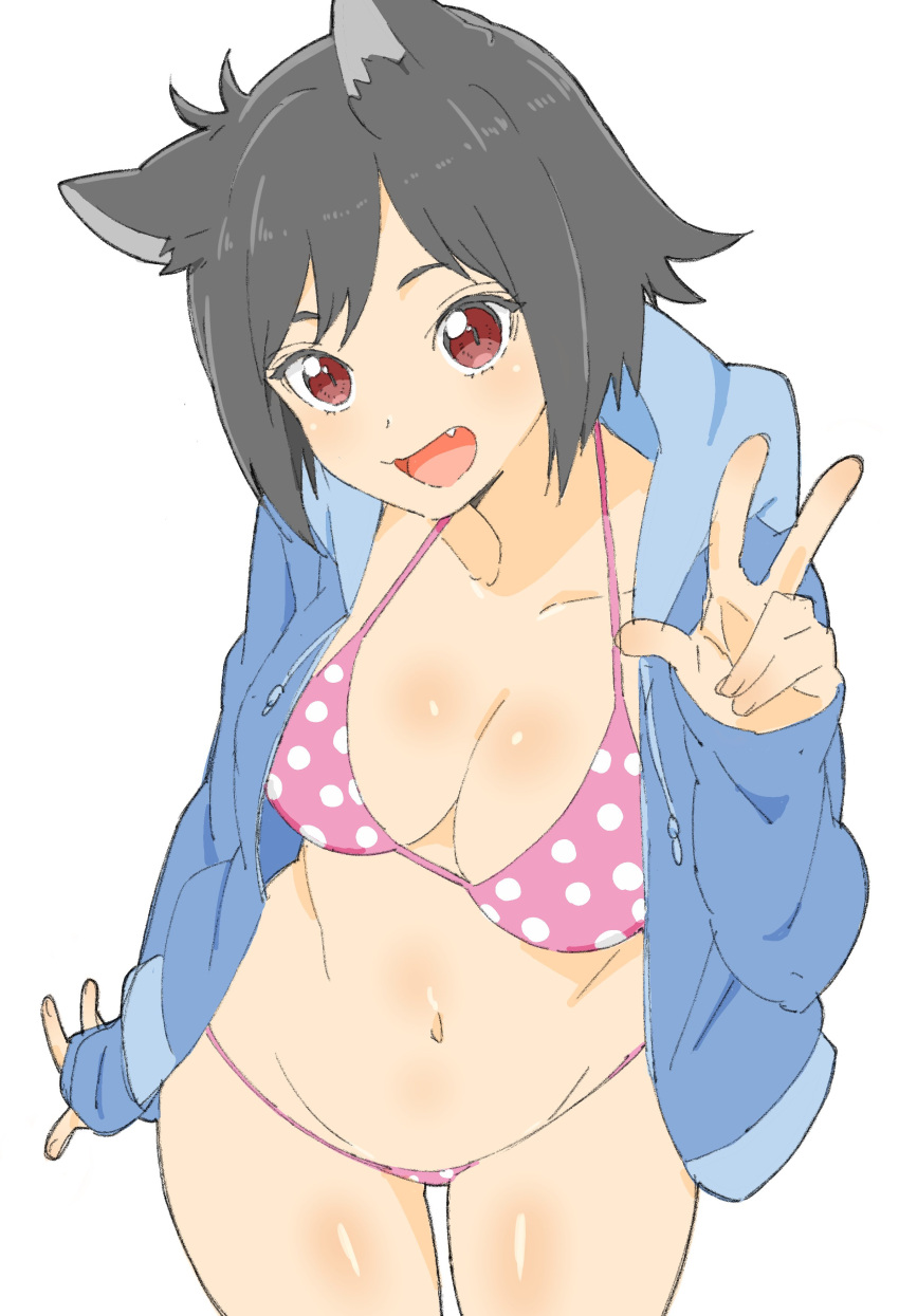 1girl :d absurdres animal_ears bikini black_hair breasts cowboy_shot donguri_suzume fang highres hood hoodie large_breasts long_sleeves looking_at_viewer navel open_mouth pink_bikini polka_dot polka_dot_bikini red_eyes short_hair simple_background slit_pupils smile solo standing swimsuit w white_background