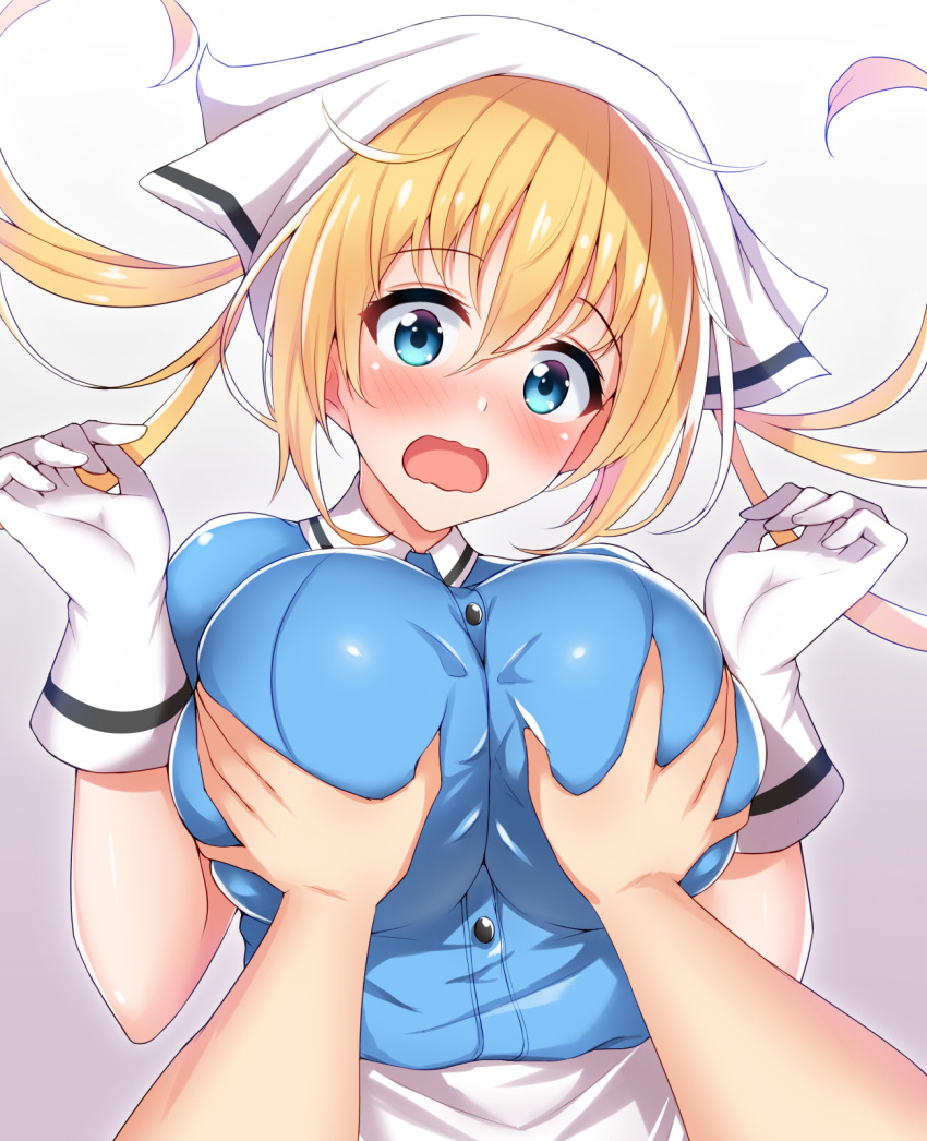 1girl blend_s blonde_hair blue_eyes blush breast_grab breasts commentary_request embarrassed etan14 eyebrows_visible_through_hair gloves grabbing hair_between_eyes head_scarf highres hinata_kaho large_breasts long_hair looking_at_viewer open_mouth pov pov_hands solo_focus stile_uniform twintails upper_body wavy_mouth white_gloves