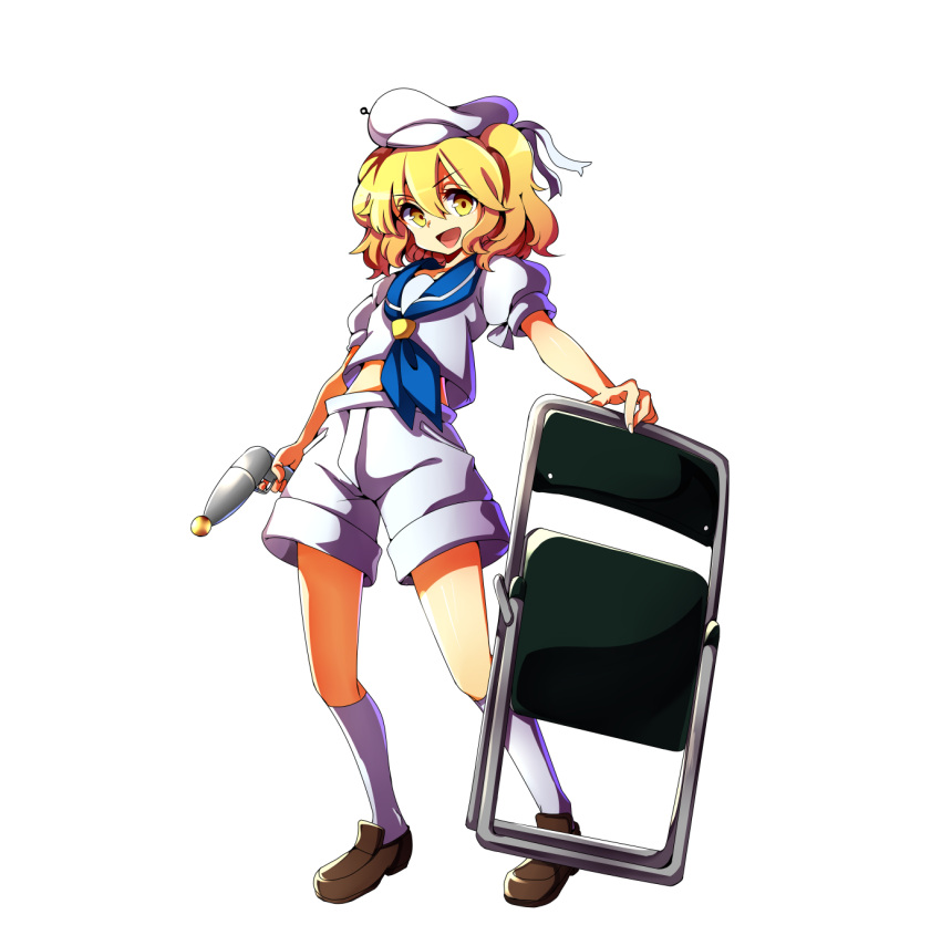 1girl :d baba_(baba_seimaijo) beret blonde_hair chair folding_chair full_body gun hair_between_eyes handgun hat highres kitashirakawa_chiyuri loafers looking_at_viewer open_mouth pistol puffy_short_sleeves puffy_sleeves sailor shoes short_sleeves shorts simple_background smile socks solo touhou touhou_(pc-98) v-shaped_eyebrows weapon white_background white_legwear yellow_eyes