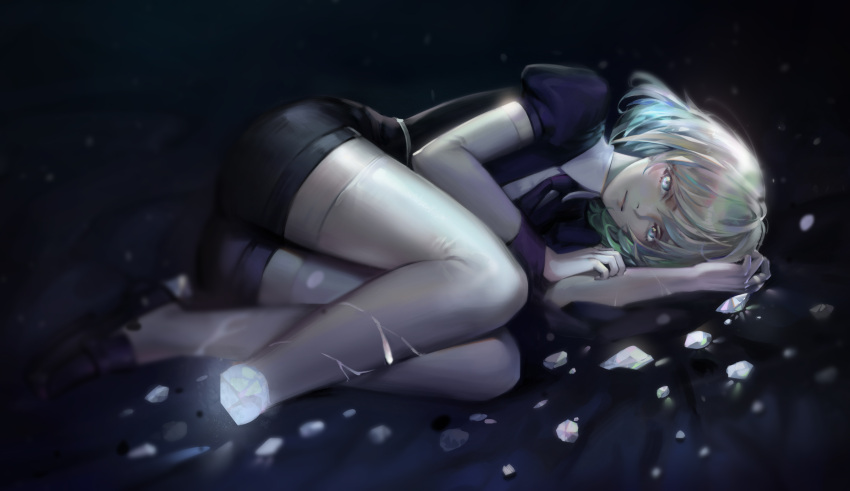 absurdres amputee androgynous aqua_hair black_background black_footwear black_neckwear black_shirt black_shorts blue_eyes blurry closed_mouth collared_shirt dark depth_of_field diamond_(houseki_no_kuni) elbow_gloves full_body gloves glowing highres houseki_no_kuni kirbyheimi loafers looking_at_viewer lying necktie on_side puffy_short_sleeves puffy_sleeves shatter shirt shoes short_hair short_sleeves shorts simple_background smile thigh-highs white_gloves white_legwear wing_collar