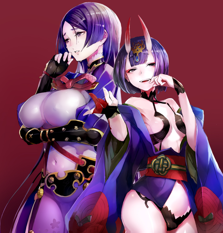 2girls :d bare_shoulders belt black_gloves blood bloody_hands blush bodysuit bracer breasts cleavage contrapposto covered_navel cowboy_shot crying crying_with_eyes_open dripping erect_nipples eyebrows_visible_through_hair eyeliner eyeshadow fate/grand_order fate_(series) finger_to_mouth fingerless_gloves fingernails gloves gradient gradient_background headpiece highres horns japanese_clothes kimono large_breasts light_particles long_hair long_sleeves looking_at_viewer makeup minamoto_no_raikou_(fate/grand_order) multiple_girls navel off_shoulder oni oni_horns open_clothes open_kimono open_mouth parted_lips pelvic_curtain puffy_sleeves purple_background purple_bodysuit purple_hair purple_kimono red_background revealing_clothes short_hair short_kimono shuten_douji_(fate/grand_order) simple_background small_breasts smile sparks standing taishi_(picchiridou) tears teeth thighs vambraces very_long_hair violet_eyes wide_sleeves