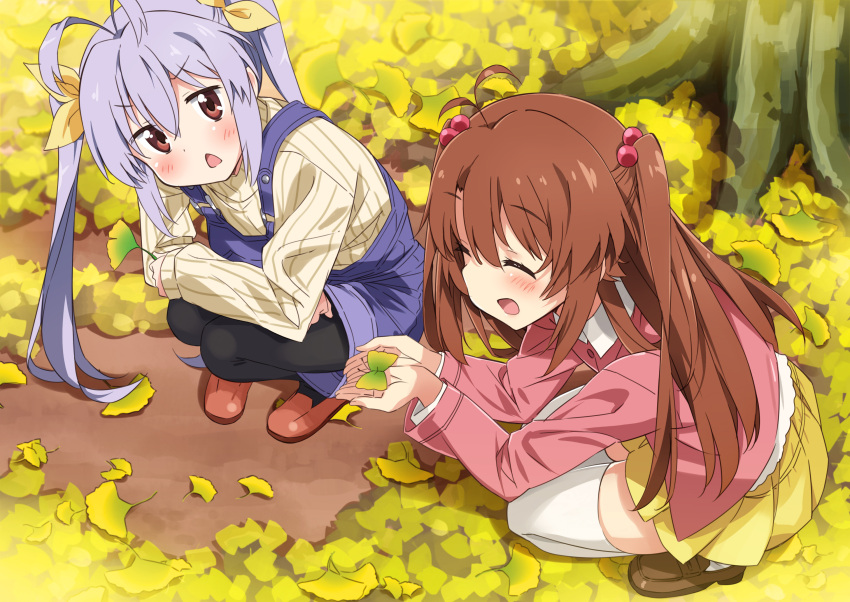 2girls :d animal antenna_hair bangs black_legwear blush brown_eyes brown_footwear brown_hair butterfly closed_eyes collared_shirt commentary_request day eyebrows_visible_through_hair hair_between_eyes highres holding holding_animal holding_leaf jacket koshigaya_komari leaf loafers long_hair miyauchi_renge mousou_(mousou_temporary) multiple_girls non_non_biyori open_mouth outdoors overalls pantyhose pink_jacket pleated_skirt purple_hair ribbed_sweater shirt shoes sidelocks skirt smile squatting sweater thigh-highs triangle_mouth twintails two_side_up very_long_hair wallpaper white_legwear white_shirt white_sweater yellow_skirt