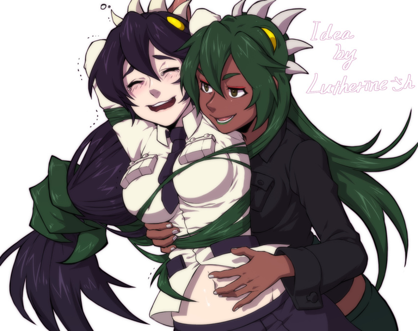 2girls between_breasts blush bound bound_arms breasts brown_eyes dark_skin filia_(skullgirls) fukua_(skullgirls) ganno grabbing grabbing_from_behind green_hair green_lipstick hair_bondage hair_pull laughing lipstick long_hair makeup medium_breasts multiple_girls navel necktie necktie_between_breasts samson_(skullgirls) school_uniform shamone_(skullgirls) skullgirls tears tickling