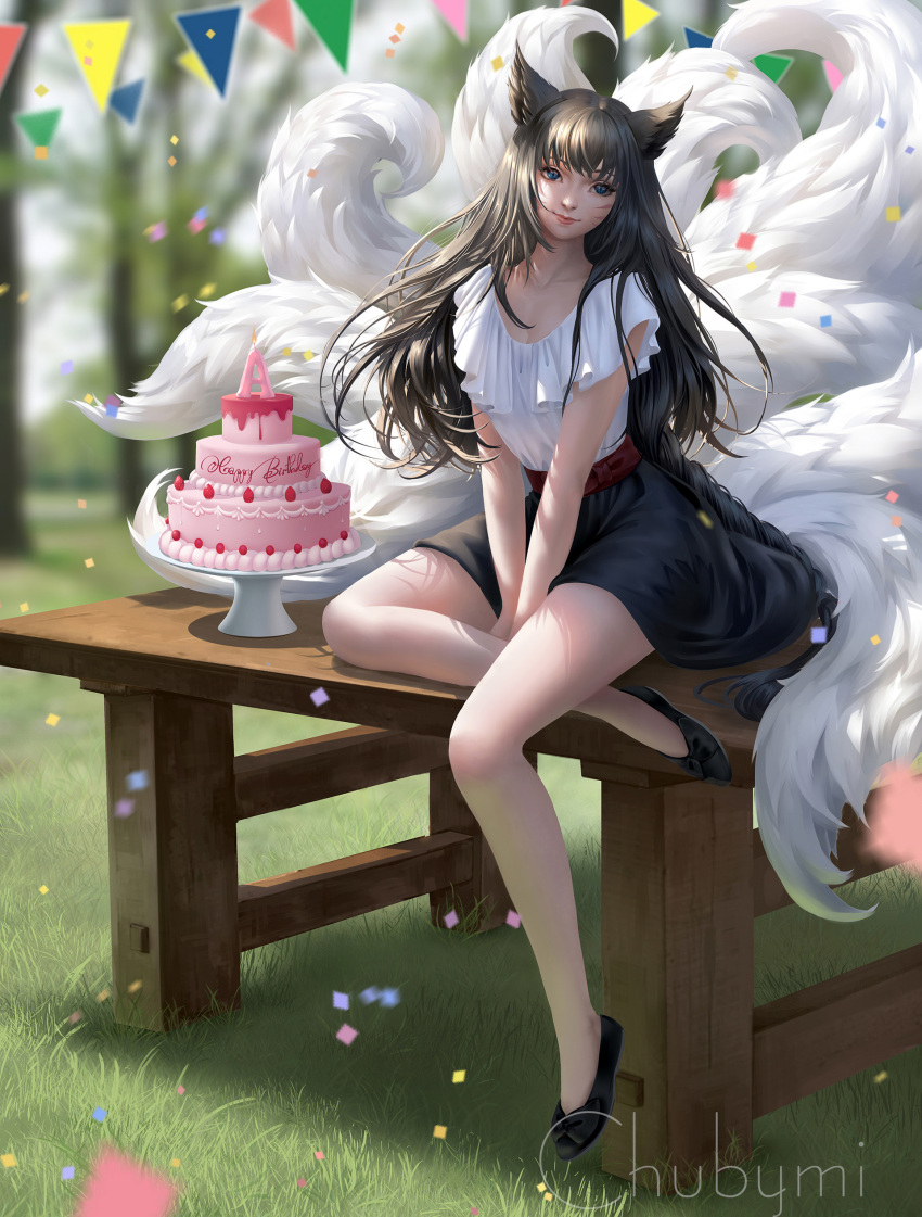 1girl absurdres ahri animal_ears artist_name bare_legs between_legs black_footwear black_hair black_skirt blue_eyes blurry blurry_background blush cake candle chuby_mi closed_mouth collarbone confetti day depth_of_field food fox_ears fox_tail frilled_shirt frills fruit full_body grass hand_between_legs happy_birthday highres kyuubi league_of_legends lips long_hair looking_at_viewer multiple_tails no_socks on_table outdoors own_hands_together pennant sash shirt shoes short_sleeves sitting skirt smile solo strawberry string_of_flags sunlight table tail tsurime v_arms very_long_hair whisker_markings white_shirt