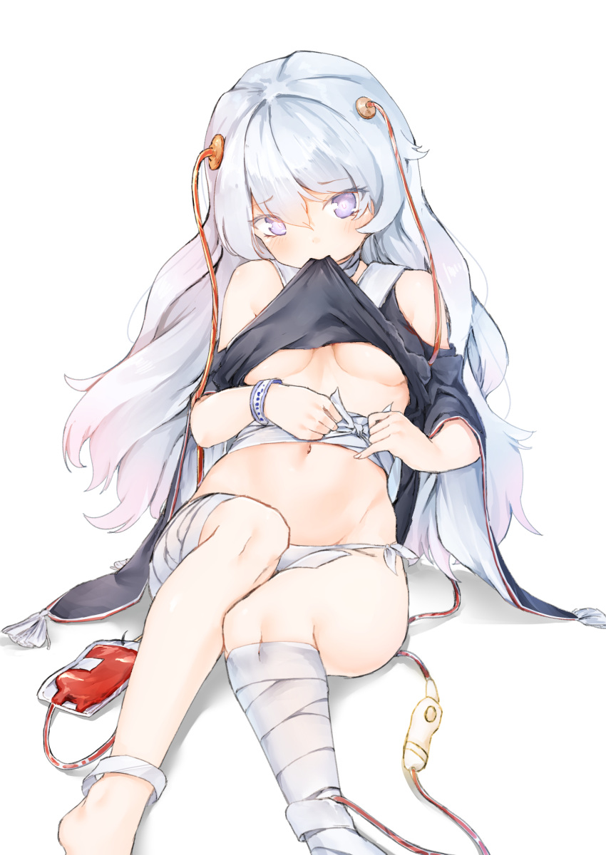 1girl absurdres bandage bandaged_leg bandaged_neck black_shirt blood blood_bag blue_hair blush breasts eyebrows_visible_through_hair girls_frontline groin hair_between_eyes hansal head_tilt highres long_hair looking_at_viewer medium_breasts mouth_hold navel panties ribeyrolles_1918_(girls_frontline) shirt shirt_lift side-tie_panties sitting sketch solo underwear very_long_hair violet_eyes white_background white_panties wristband