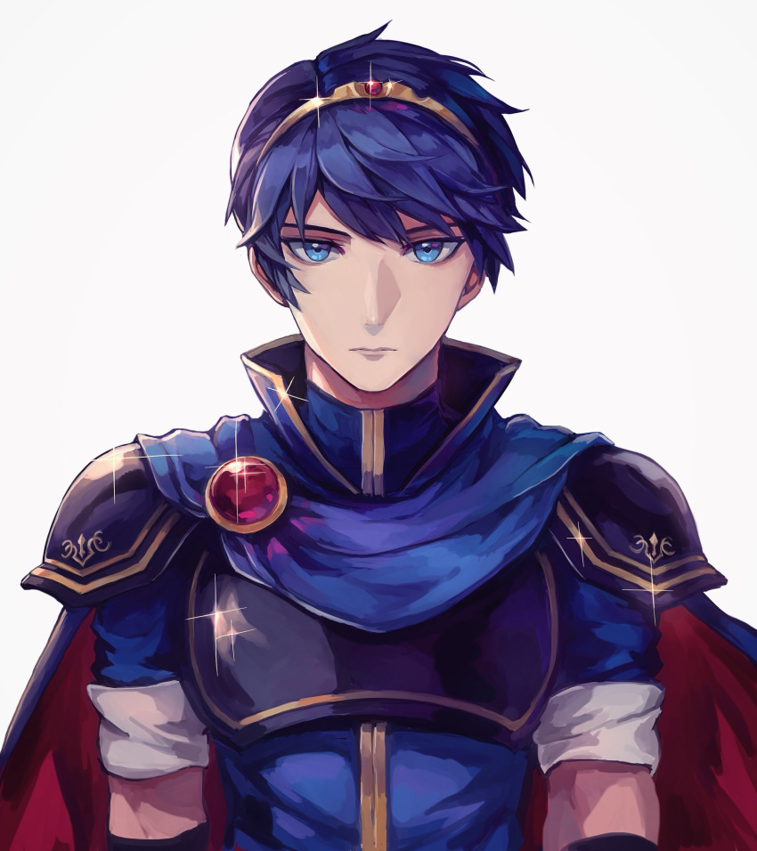 1boy armor blue_eyes blue_hair breastplate cape crown fire_emblem fire_emblem:_ankoku_ryuu_to_hikari_no_tsurugi fire_emblem:_mystery_of_the_emblem fire_emblem:_shin_ankoku_ryuu_to_hikari_no_tsurugi fire_emblem:_shin_monshou_no_nazo highres looking_at_viewer marth pauldrons portrait simple_background solo white_background