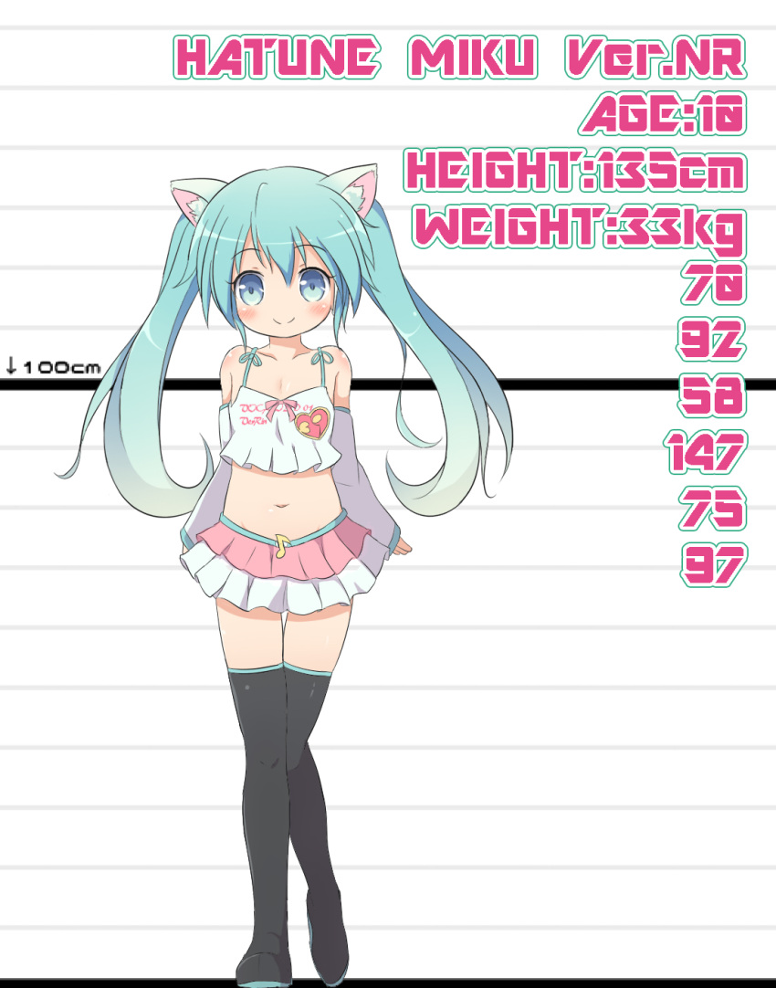 1girl animal_ears aqua_hair bangs bare_shoulders black_footwear black_legwear blue_eyes blush boots camisole cat_ears character_profile closed_mouth detached_sleeves eyebrows_visible_through_hair hair_between_eyes hatsune_miku highres long_hair long_sleeves looking_at_viewer midriff multicolored multicolored_clothes multicolored_skirt navel nekono_rin pleated_skirt sidelocks skirt sleeveless sleeves_past_wrists smile solo standing standing_on_one_leg thigh-highs thigh_boots twintails vocaloid white_camisole