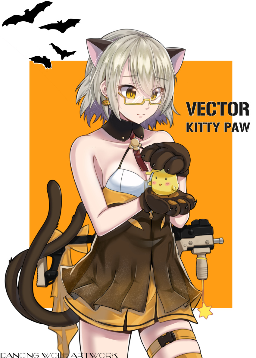 1girl absurdres alternate_costume animal_ears artist_name bare_shoulders bird breasts cat_ears cat_paws cat_tail character_name chick collarbone dancing_wolf dress earrings girls_frontline glasses gun halloween_costume halterneck highres jack-o'-lantern jack-o'-lantern_earrings jewelry looking_down medium_breasts multiple_tails paws short_dress short_hair silver_hair solo tail thigh_strap under-rim_eyewear vector_(girls_frontline) weapon yellow-framed_eyewear yellow_eyes
