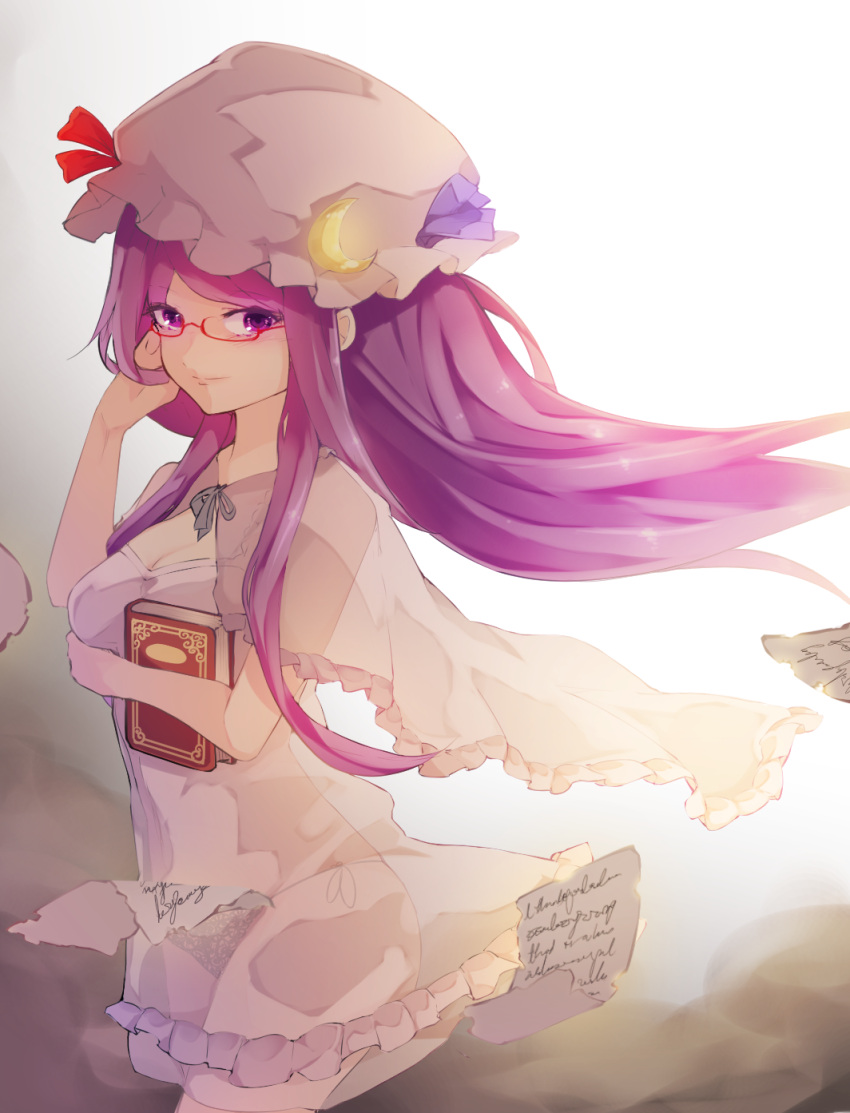 1girl adjusting_hair black_panties book capelet chiroru_(cheese-roll) crescent glasses hat highres lace lace_panties long_hair mob_cap nightgown panties paper patchouli_knowledge purple_hair red_glasses see-through side-tie_panties solo touhou underwear violet_eyes