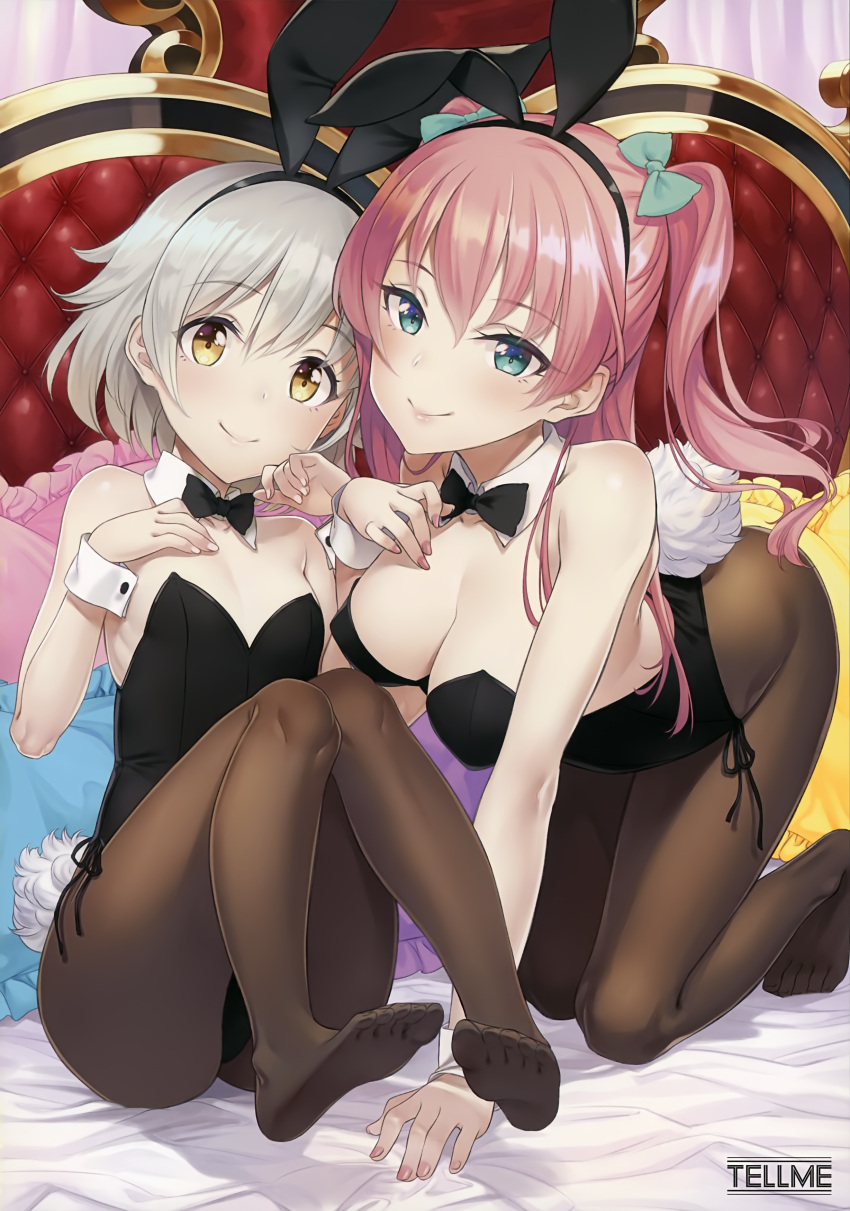 2girls absurdres all_fours animal_ears aqua_eyes bow bowtie breasts bunny_girl bunny_tail bunnysuit closed_mouth detached_collar eyebrows_visible_through_hair fake_animal_ears grey_hair hair_bow hairband hand_on_own_chest highres leotard long_hair looking_at_viewer medium_breasts melonbooks multiple_girls nail_polish pantyhose pink_hair rabbit_ears scan short_hair side-tie_leotard sitting small_breasts smile tail terumii toes two_side_up wrist_cuffs yellow_eyes