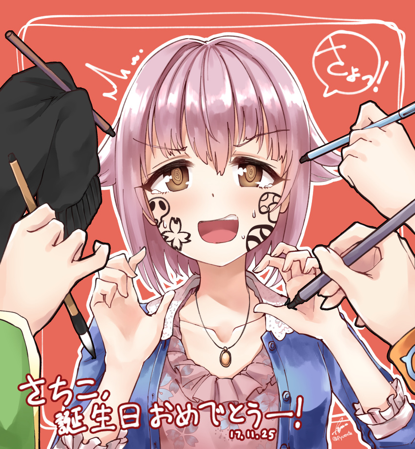 /\/\/\ 5girls @_@ absurdres brown_eyes calligraphy_brush collarbone commentary_request eyebrows_visible_through_hair face_painting frilled_shirt frills fuente hands_up highres himekawa_yuki holding holding_brush holding_pen hoshi_shouko idolmaster idolmaster_cinderella_girls kobayakawa_sae koshimizu_sachiko lace_trim lavender_hair multiple_girls out_of_frame paintbrush pen shirasaka_koume shirt short_hair signature speech_bubble sweat tearing_up translation_request twitter_username