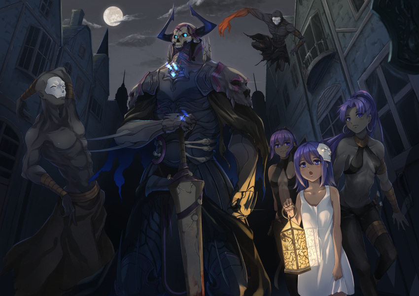 3boys 3girls :o abs adjusting_hair arm_behind_head arm_up armlet armor armpits assassin_(fate/prototype_fragments) assassin_(fate/zero) balcony bald bangs bare_arms bare_shoulders black_gloves black_hairband black_pants black_sky blue_eyes breastplate breasts building center_opening cleavage closed_mouth clouds collarbone cowboy_shot dagger dark_skin dress earrings elbow_gloves expressionless fate/stay_night fate_(series) female_assassin_(fate/zero) flat_chest full_moon gauntlets gloves glowing glowing_eyes hair_between_eyes hairband hand_up height_difference highres holding holding_sword holding_weapon hoop_earrings horns jewelry king_hassan_(fate/grand_order) knee_pads lantern leaning_forward legs_apart light long_hair looking_at_viewer mask mask_on_head midair moon multiple_boys multiple_girls muscle nakaga_eri navel night night_sky open_mouth outdoors pants parted_bangs ponytail purple_hair revealing_clothes sheath sheathed shirtless short_hair shoulder_spikes skull skull_mask sky sleeveless sleeveless_dress smile spikes standing stomach sundress sword teeth tight tight_pants torn_clothes town trait_connection true_assassin under_boob very_dark_skin very_long_hair violet_eyes weapon white_dress window