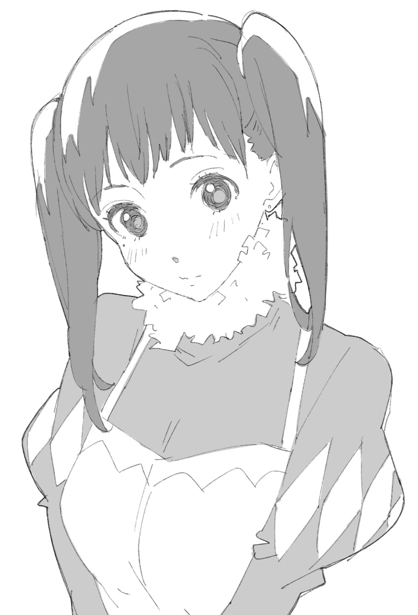 1girl absurdres bangs blush camisole closed_mouth copyright_request donguri_suzume eyebrows_visible_through_hair fur_collar greyscale head_tilt highres juliet_sleeves long_hair long_sleeves monochrome puffy_sleeves simple_background solo twintails white_background