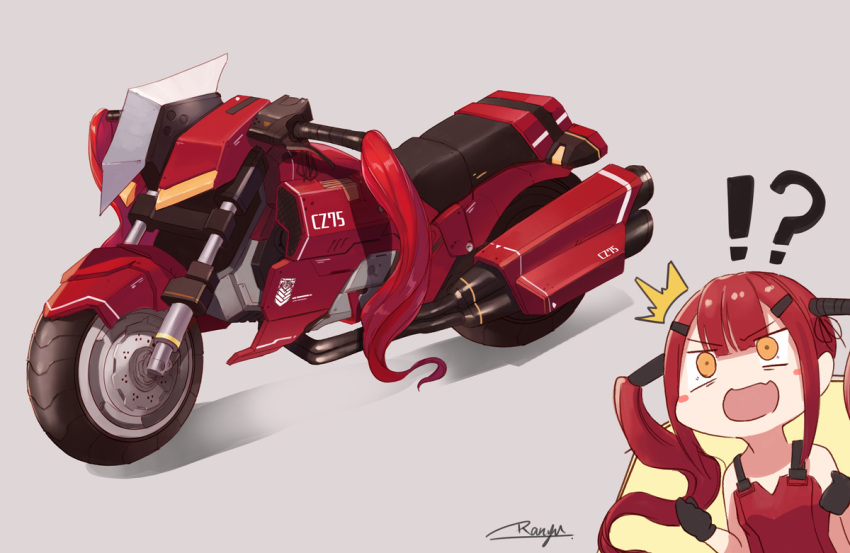 !? /\/\/\ 1girl :d artist_name black_gloves blush_stickers brown_eyes clenched_hands commentary cz-75_(girls_frontline) emblem eyebrows_visible_through_hair fang girls_frontline gloves grey_background ground_vehicle hair_ornament hairclip motor_vehicle motorcycle number open_mouth ranyu redhead shadow signature smile solo twintails v-shaped_eyebrows