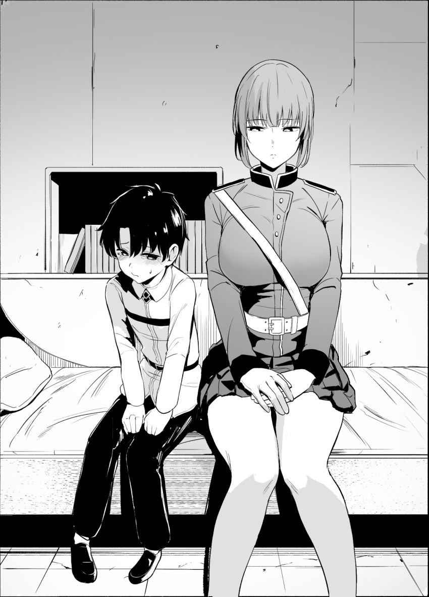 1boy 1girl age_difference bangs breasts commentary_request eyebrows_visible_through_hair fate/grand_order fate_(series) florence_nightingale_(fate) fujimaru_ritsuka_(male) greyscale highres large_breasts legs looking_at_another manno_(kanpi2100) military military_uniform monochrome pantyhose short_hair sitting uniform