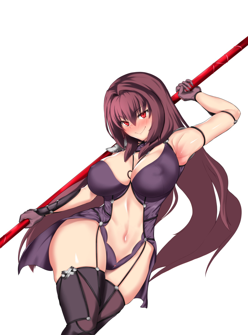 1girl absurdres adapted_costume arm_up armpits aster_crowley blush breasts cleavage curvy erect_nipples fate/grand_order fate_(series) full-face_blush gae_bolg gloves highres holding holding_weapon large_breasts long_hair looking_at_viewer navel polearm purple_gloves purple_hair purple_legwear red_eyes scathach_(fate/grand_order) simple_background smile solo spear thigh-highs very_long_hair weapon white_background wide_hips