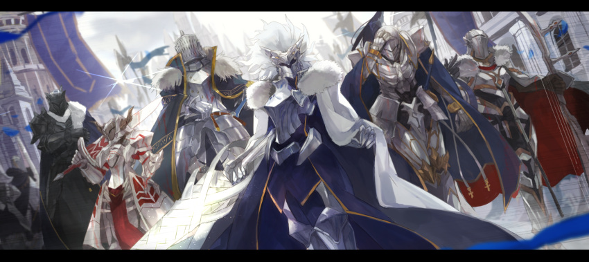 2girls 5boys agravain_(fate/grand_order) armor artoria_pendragon_(all) artoria_pendragon_(lancer) bedivere breastplate cloak day dutch_angle fate/grand_order fate_(series) faulds full_armor fur_trim gawain_(fate/extra) glint highres knights_of_the_round_table_(fate) lancelot_(fate/grand_order) letterboxed mono_(jdaj) multiple_boys multiple_girls outdoors saber_of_red tristan_(fate/grand_order)