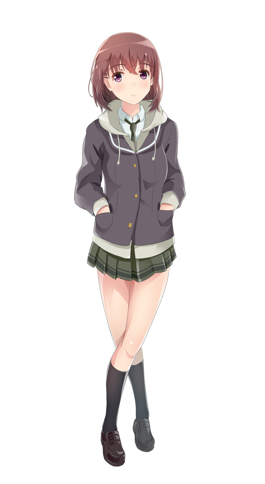 1girl absurdres black_footwear black_legwear black_neckwear brown_hair full_body green_skirt hands_in_pockets highres hood hood_down jacket just_because! kneehighs legs_crossed natsume_mio necktie nraib skirt sleeves_past_wrists socks solo standing violet_eyes