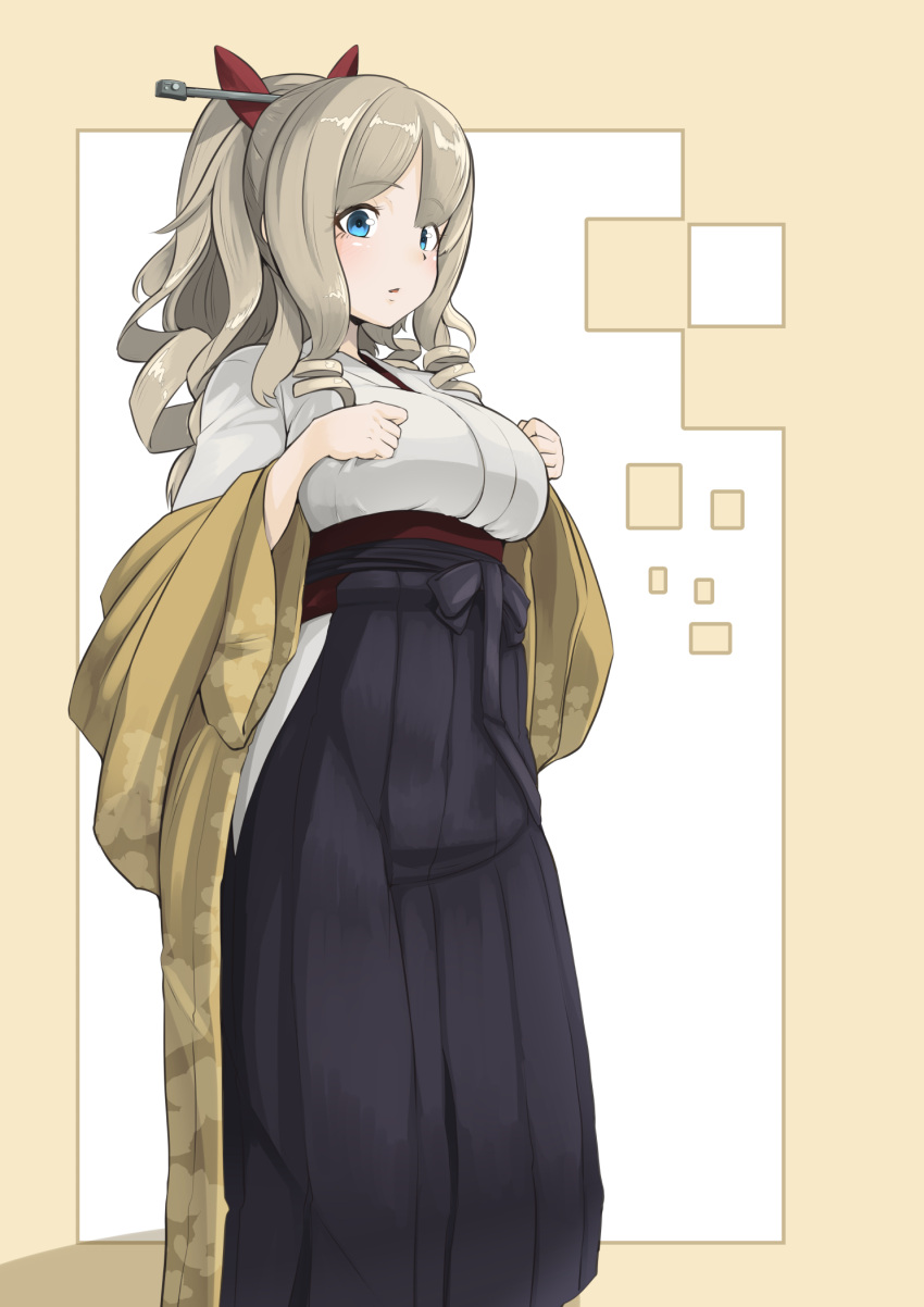 1girl blue_eyes blush bow breasts drill_hair grey_hair hair_between_eyes hair_bow hakama hakama_skirt hatakaze_(kantai_collection) highres japanese_clothes kantai_collection kimono large_breasts light_brown_hair long_hair looking_at_viewer meiji_schoolgirl_uniform open_mouth ponytail ryuun_(stiil) shadow solo standing wide_sleeves yellow_kimono