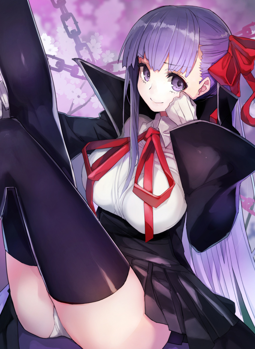 1girl ass background bangs bb_(fate/extra_ccc) black_legwear black_skirt blurry blurry_background breasts chains closed_mouth commentary_request eyebrows_visible_through_hair fate/extra fate/extra_ccc fate_(series) flower gloves hair_ribbon half_updo hand_on_own_chin high-waist_skirt highres large_breasts leg_up legs_up long_hair long_sleeves looking_at_viewer panties pantyshot pantyshot_(sitting) pleated_skirt popped_collar purple_hair red_ribbon revision ribbon shirt sitting skirt smile solo straight_hair taishi_(picchiridou) thigh-highs thighs underwear upskirt very_long_hair violet_eyes white_gloves white_panties white_shirt wide_sleeves