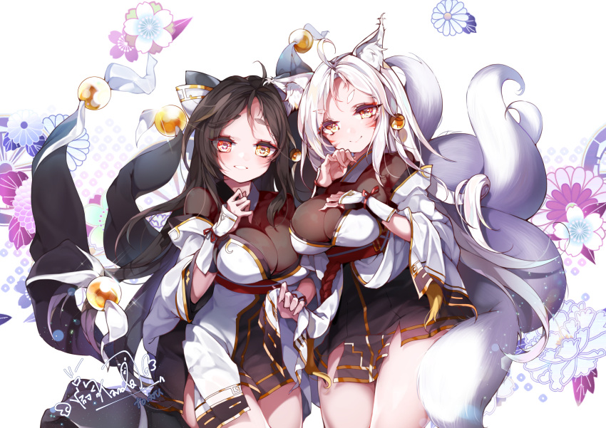 2girls absurdres ara_han ara_han_(celestial_fox) asura_(elsword) breasts brown_hair cleavage detached_sleeves elsword facial_mark flower fox_girl fox_tail gloves heterochromia highres japanese_clothes kanola_u multiple_girls multiple_persona red_eyes shiny skirt smile tail white_hair yellow_eyes