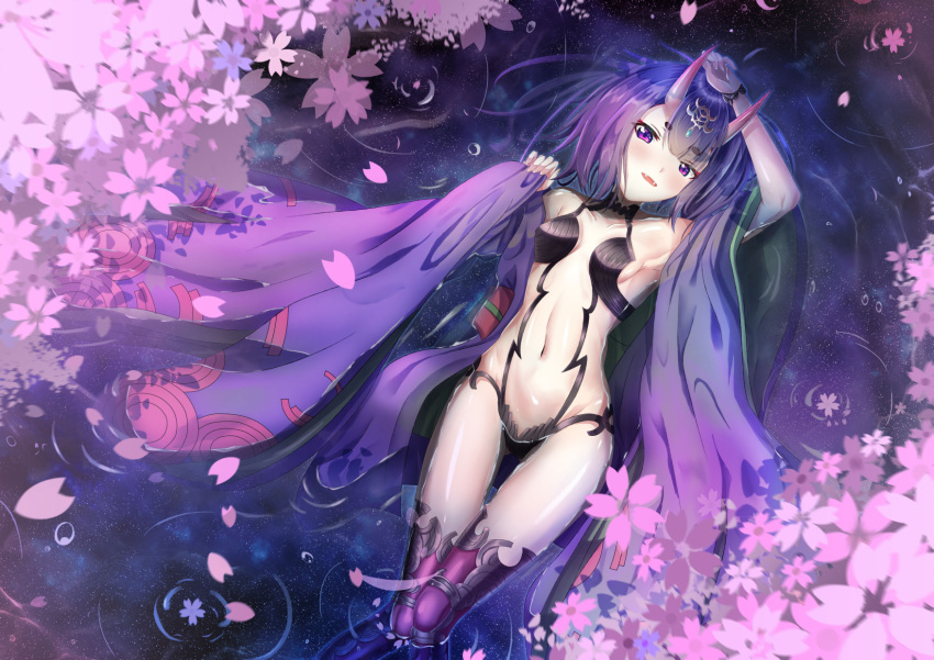 1girl arm_up boots breasts cherry_blossoms cleavage collarbone fate/grand_order fate_(series) from_above groin highres horns looking_at_viewer lying navel night on_back outdoors purple_hair reflecting_pool shiny shiny_skin short_hair shuten_douji_(fate/grand_order) sideboob small_breasts solo synn032 thigh-highs thigh_boots violet_eyes