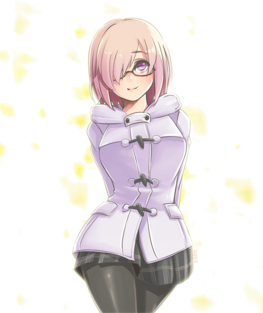 1girl arms_behind_back black_legwear black_skirt blush breasts closed_mouth coat cowboy_shot fate/grand_order fate_(series) hair_over_one_eye highres large_breasts lavender_hair looking_at_viewer mash_kyrielight pantyhose shielder_(fate/grand_order) short_hair skirt smile solo violet_eyes